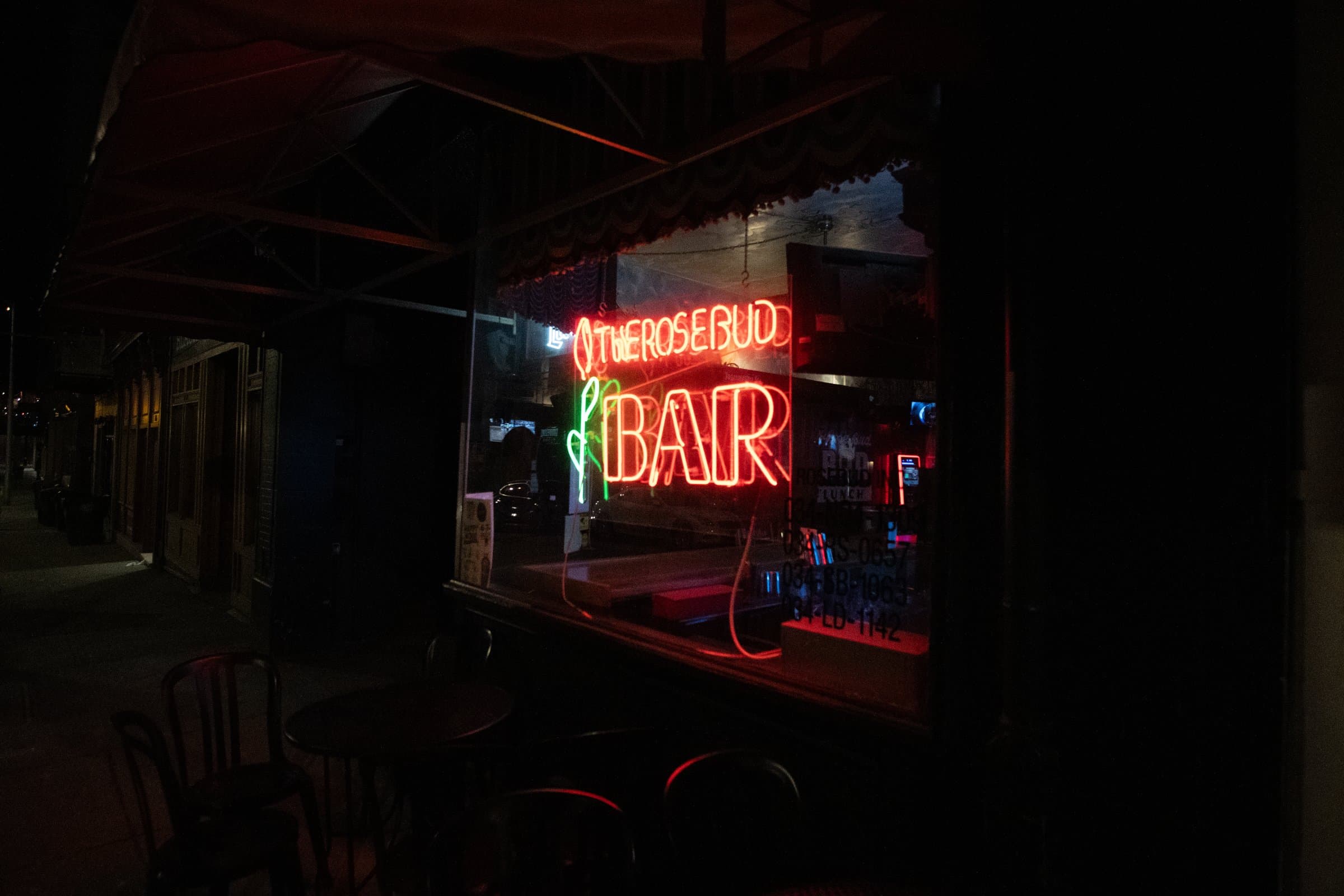 The Rosebud Bar neon sign at night, Lexington